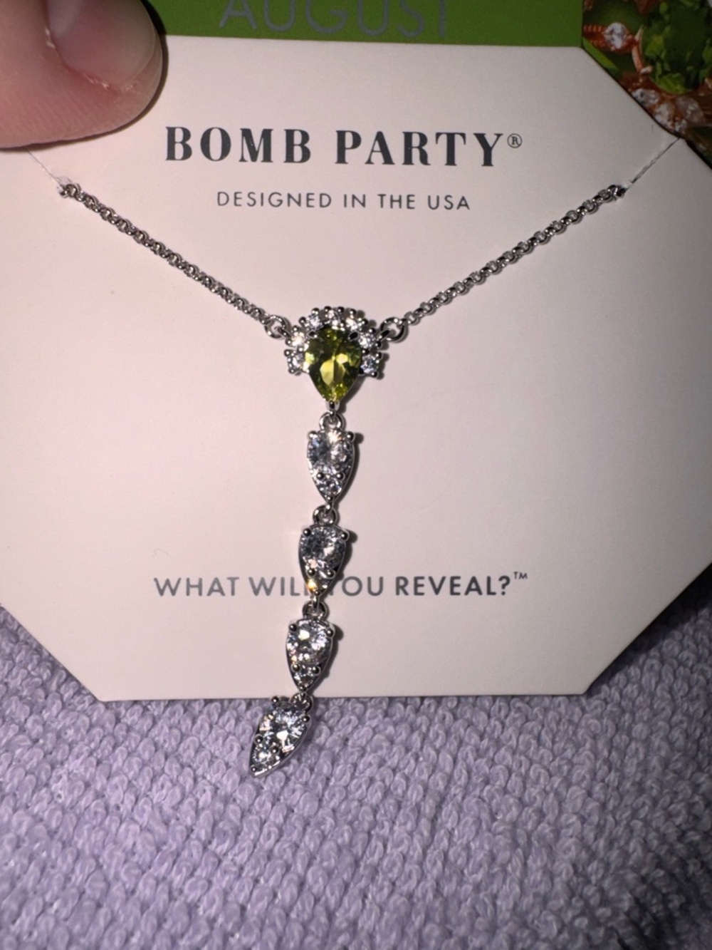 bp Silver-Tone Necklace with Olive Green Teardrop and Clear Crystals